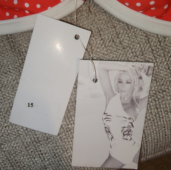 New Sheridyn Fisher Swimwear Bikini Top coral polka dot ruffle 11" across bottom - Picture 3 of 11